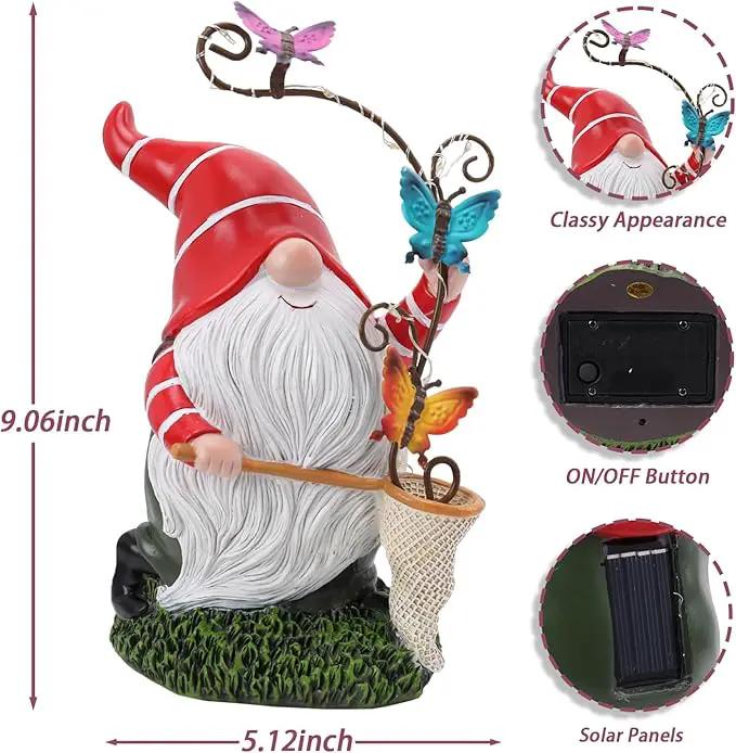 Garden Gnome Statue, Solar Funny Gnomes Figurine Catching Butterflies with LED Lights Waterproof Resin Outdoor Decor for Patio Lawn Yard Home Tabletop Decoration by GreenHaven Gardens