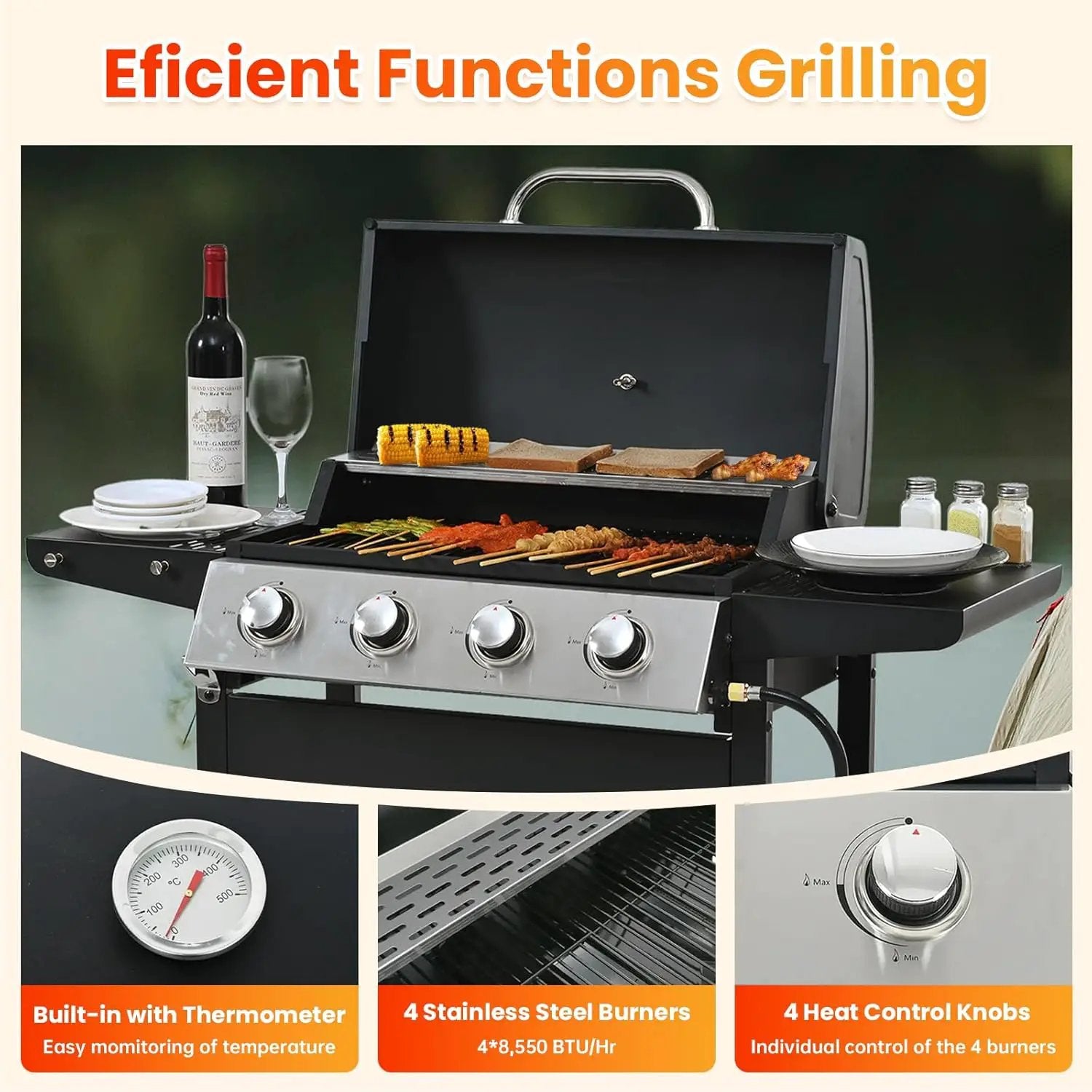 4-Burner Propane Gas BBQ Grill with Porcelain-Enameled Cast Iron Grates and 2 Foldable Side Tables, 34,000 BTU Stainless Steel Grill for Outdoor Camping Barbecue Grilling Backyard Cooking by GreenHaven Gardens