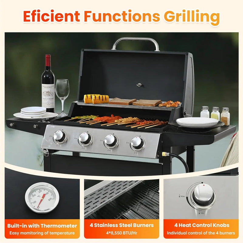4-Burner Propane Gas BBQ Grill with Porcelain-Enameled Cast Iron Grates and 2 Foldable Side Tables, 34,000 BTU Stainless Steel Grill for Outdoor Camping Barbecue Grilling Backyard Cooking by GreenHaven Gardens