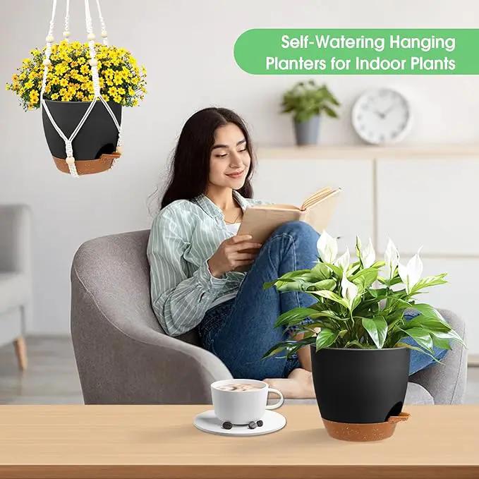 Hanging Planters for Indoor Outdoor Plants, 2 Pack Self Watering Hanging Pot with Drainage Holes, Removable Tray & 2 Kinds of Plant Hangers, 8'' Hanging Flower Pots for Home Garden Decor, Black by GreenHaven Gardens