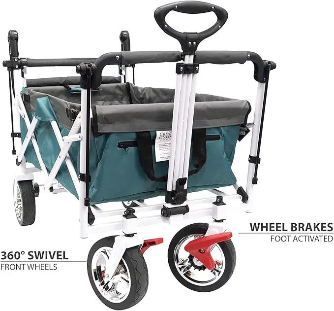 Creative Outdoor Wagon, Push and Pull Double Stroller for Toddlers & Kids with Removable Canopy and Seat Belt Harnesses, Collapsible Folding Garden Cart, Adjustable Handle, Beach Wagon (Teal) by GreenHaven Gardens