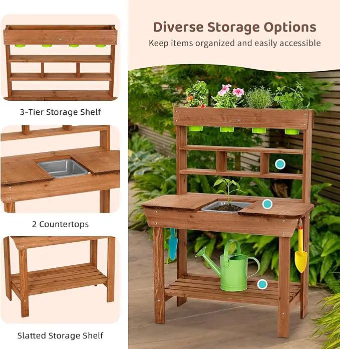 OOOK Potting Bench with Removable Sink, Potting Benches for Outside, Mud Kitchen for Kids Outdoor with Gardening Tools, Watering Can, Flower Pot, Ideal Gift for Boys and Girls 3+, Solid Fir Wood by GreenHaven Gardens