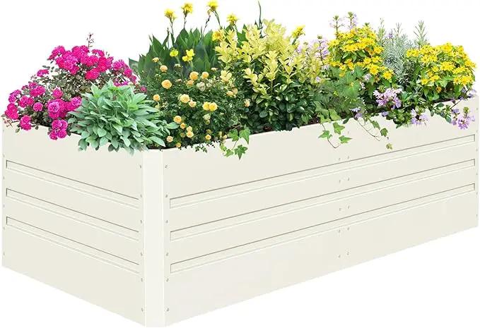 SnugNiture Galvanized Raised Garden Bed 8x4x2FT Outdoor Large Metal Planter Box Steel Kit for Planting Vegetables, Flowers, Beige White by GreenHaven Gardens
