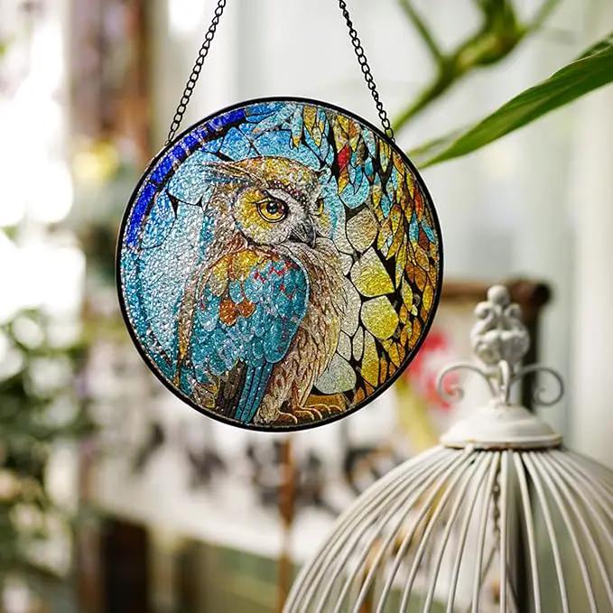 Hanging Stained Glass for Windows,20cm/7.87inch Owl Suncatcher Stained Glass Garden Hangings Ornaments Mother's Day Valentine's Day Halloween Fall Christmas Decor for Home (B Style) by GreenHaven Gardens