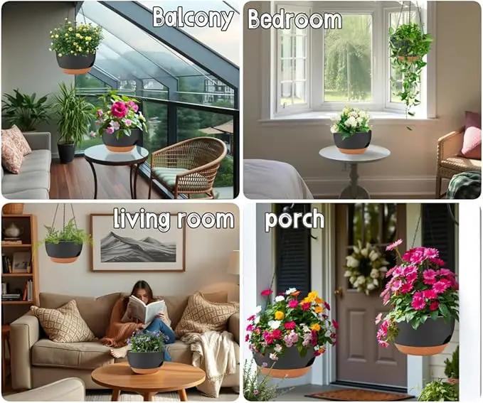2 Pack 12 Inch Large Hanging Planters with Chains Self Watering Black Brown Plastic Hanging Pots for Indoor Outdoor Plants, Garden Porch Home Decor，Black Brown by GreenHaven Gardens