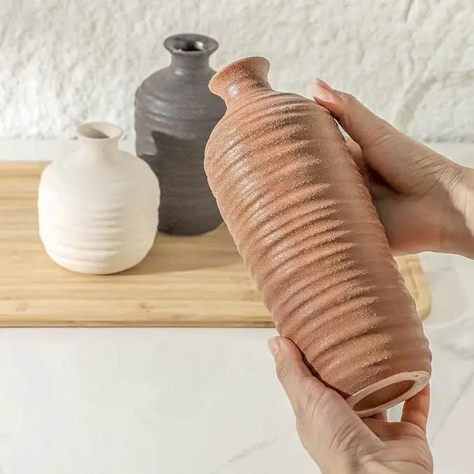 Ceramic Vase Set of 3 Neutral Decorative Vase for Farmhouse, Boho, or Rustic Home Decor Pottery Vases for Pampas Grass Living Room Bedroom Table Mantel Entryway Shelf (01-Brown) by GreenHaven Gardens