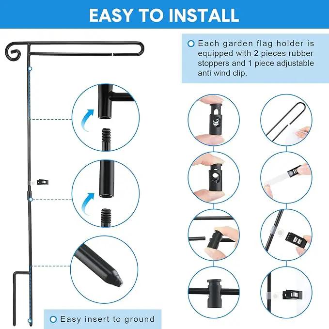 10 Pack Garden Flag Stand with Flag Stoppers and Clips, Black Powder Coated Weather Proof Garden Flag Pole Holder for Outdoor Garden Flag (Classic Style, 15.2 x 33.1 Inch) by GreenHaven Gardens
