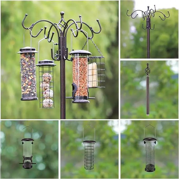 Bird Feeding Station Kit with Squirrel Baffle Bird Feeder Pole with Suet Cage Mesh Tray Fruit Hook Double W Hook for Attracting Wild Birds and Hanging Planter Hanger Lights by GreenHaven Gardens