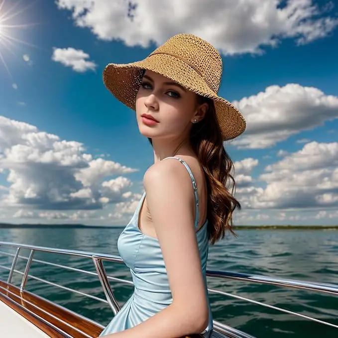 Womens Straw Beach Sun Hats, Foldable Packable Floppy Handmade Crochet Hats for Women,Large Summer Vacation Wide Brim Hat by GreenHaven Gardens