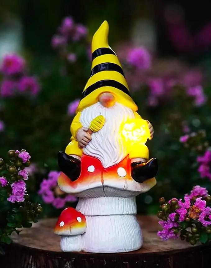 Solar Gnome Decor for Outside - Garden Beer Gnome Outdoor with Solar Lights, Sitting on Mushrooms - Perfect Housewarming or Women's Gifts (Yellow) by GreenHaven Gardens