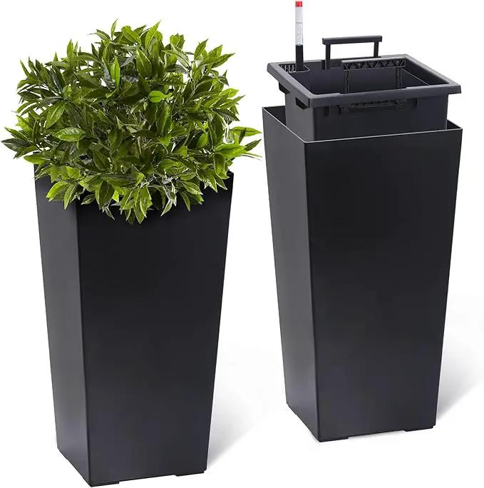 22.5" Tall Planters Set of 2, Outdoor＆Indoor Black Planter Pots, High Front Porch Planter Pots with Drainage Holes＆Water Level Monitor＆Inner Bucket, Automatic Watering, Black by GreenHaven Gardens
