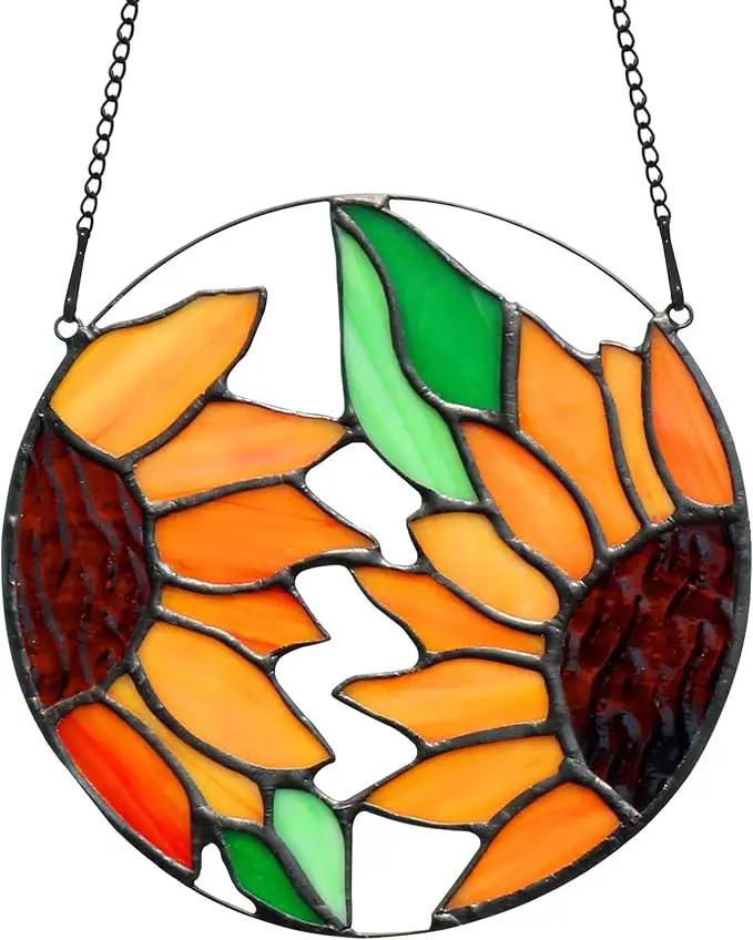 BOXCASA Sunflower Decor Stained Glass Window Hanging,Handmade Art Craft Sun Flower Glass Suncatchers for Window,Tiffany Style Ornament Home Decoration Housewarming Gifts for Mother by GreenHaven Gardens