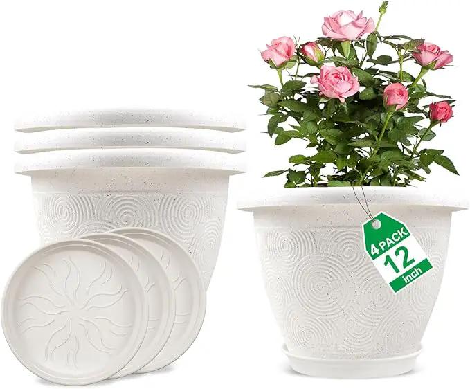 Plastic Flower Pots Planters for Indoor Plants, 4 Pack 12 Inch White Plant Pots with Drainage Hole & Tray, Modern Decorative Large Plant Pot with Saucer for Indoor Outdoor Plants Garden House Planter by GreenHaven Gardens