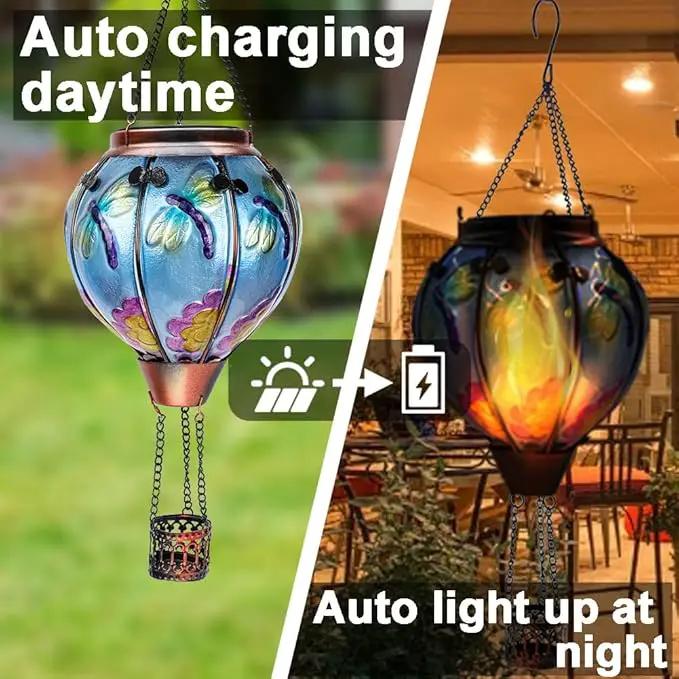 2PC Hot Air Balloon Solar Lantern with 2PC Shepherd Hook, Flickering Flame Hanging Solar Lanterns Outdoor Lights Waterproof Lanterns Decorative Garden Patio Yard Party Decor (Dragonfly) by GreenHaven Gardens