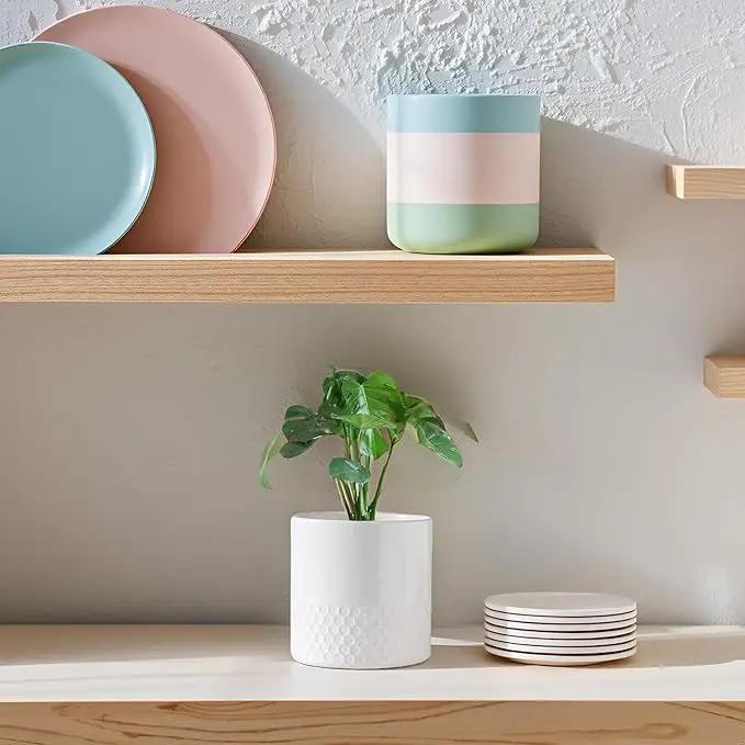 Docrin Ceramic Planters Indoor, 8 Inch Plant Pots with Drainage Holes for Home/Office - White Honeycomb by GreenHaven Gardens