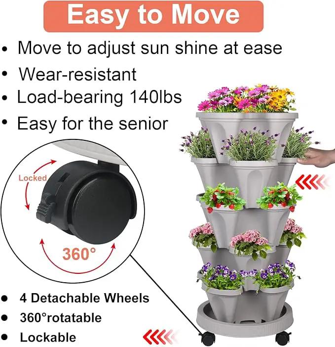 Vertical Planter 5 Tier Stackable Planters Garden Planters Strawberry Herb Flower and Vegetable Planter Indoor Outdoor Gardening Pots with Removable Wheels and Tools 2-Pack by GreenHaven Gardens