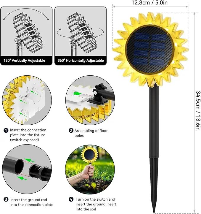 Outdoor Solar Lights, 4 Pack Led Solar Sunflower Lights, Stake/Wall 2-in-1 Waterproof Solar Garden Lights for Yard, Landscape, Fence, Patio, Driveway, Pathway, Backyard Decoration (Warm White) by GreenHaven Gardens