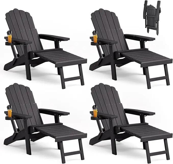 Adjustable Backrest Folding Adirondack Chair Set of 4, Adirondack Chair with Retractable Ottoman, Weather Resistant Fire Pit Chair with 2 Cup Holders, for Porch Backyard Outdoor Lawn, Black by GreenHaven Gardens