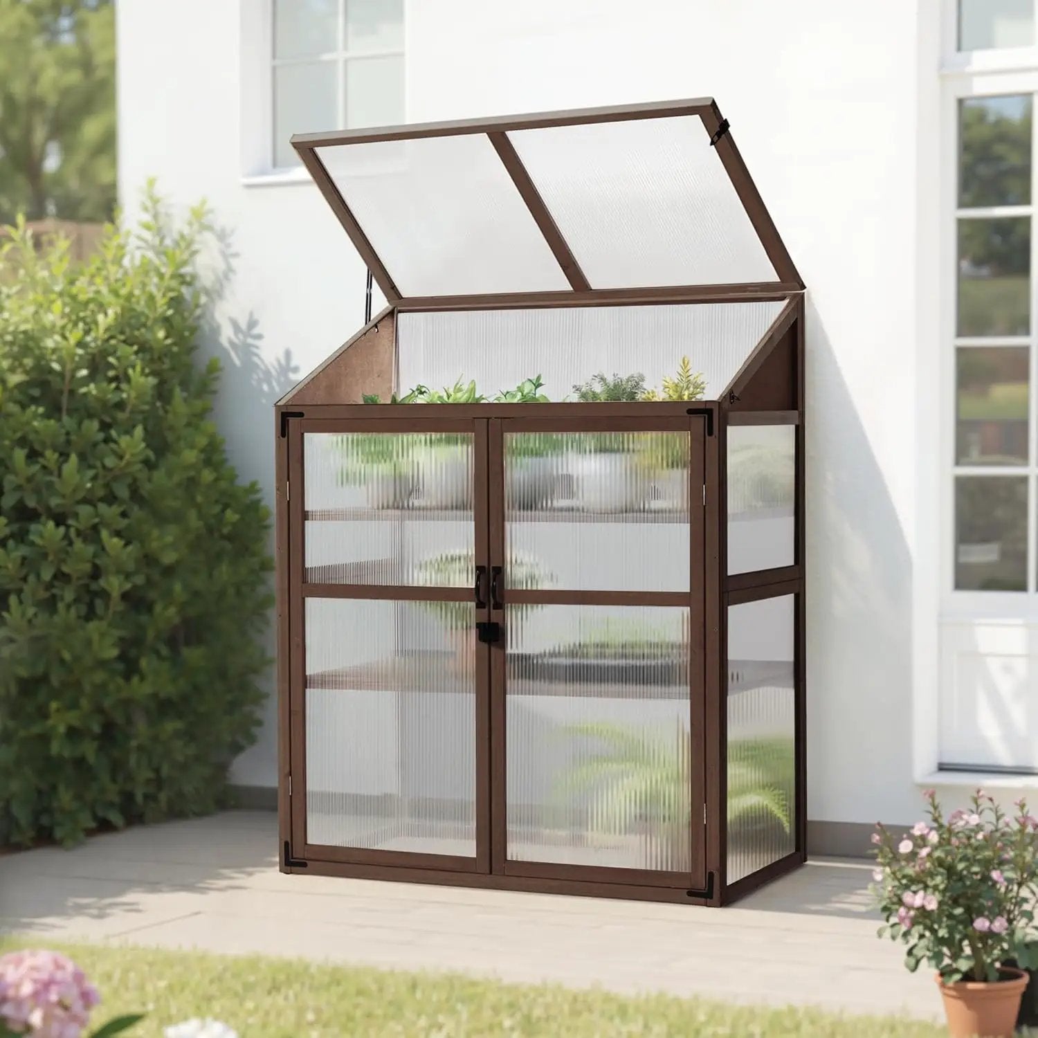 Macrout Cold Frame Greenhouse, Large Wooden Greenhouse Cabinet, Garden Cold Frame with Adjustable Shelves for Outdoor Indoor Use, 1344 (Brown) by GreenHaven Gardens
