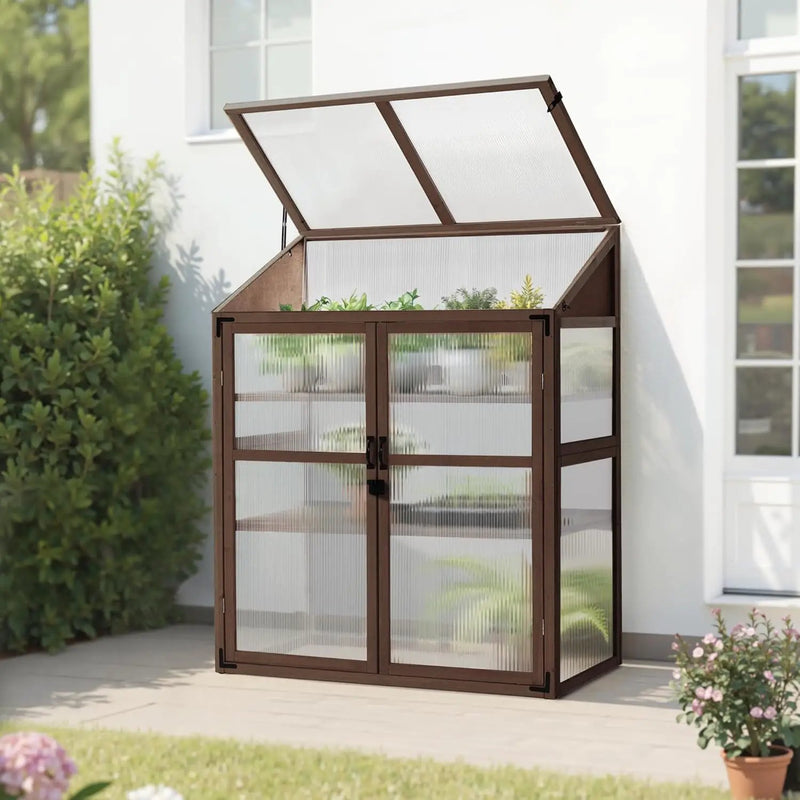 Macrout Cold Frame Greenhouse, Large Wooden Greenhouse Cabinet, Garden Cold Frame with Adjustable Shelves for Outdoor Indoor Use, 1344 (Brown) by GreenHaven Gardens