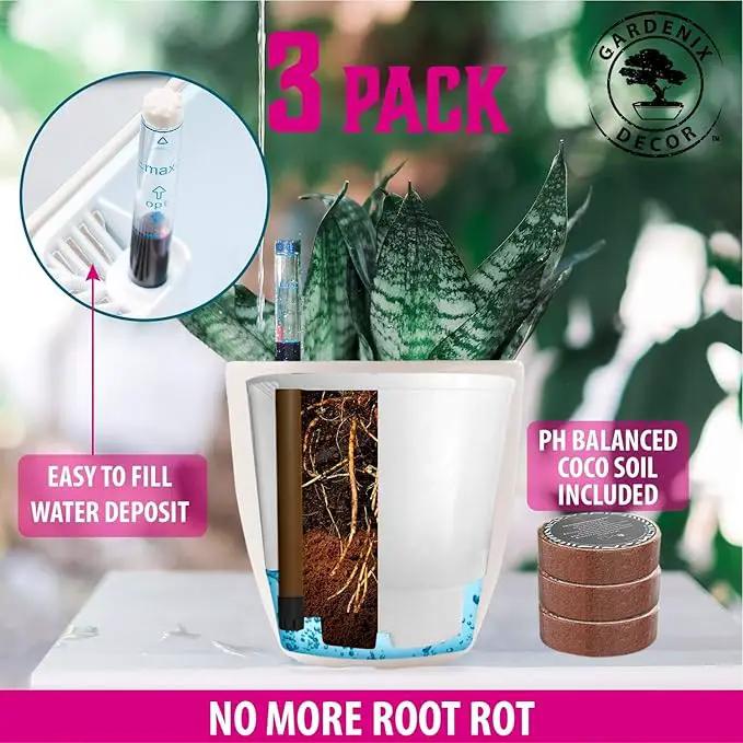 GARDENIX DECOR Self Watering Pots for Indoor Plants 3 Pack - Flower Pot with Water Level Indicator for Plants, Grow Tracking Tool - Self Watering Planter Plant Pot - Coco Coir - White by GreenHaven Gardens