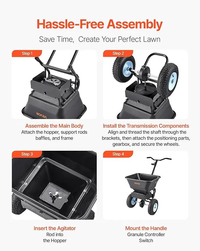 VEVOR Broadcast Spreader, 100LBS4Capacity, Walk-Behind Push Spreader, 0-9.8ft Spreading Width, 13 in All Terrain Pneumatic Tires, Lawn Spreaders with Hopper Grate, for Seed, Fertilizer, Salt, Ice Melt by GreenHaven Gardens