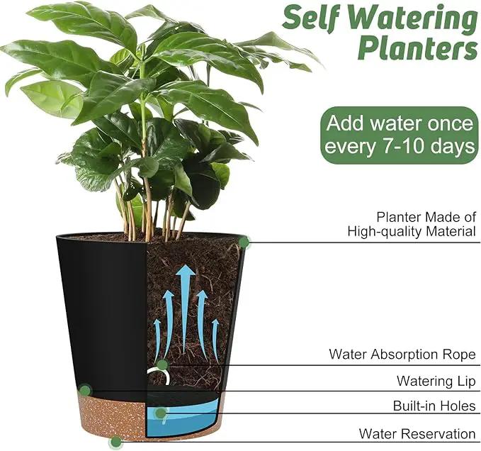 Indoor Self Watering Planters with Drainage Holes and Saucers, 8, 7, 6.5, 6, 5.5, 5 Inches, Black, 6 Pots by GreenHaven Gardens