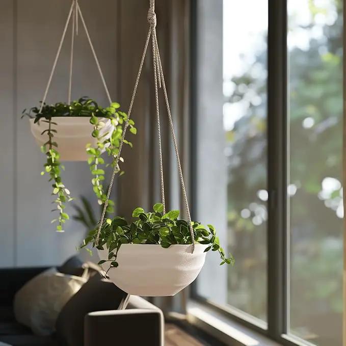 La Jolie Maison 10 Inch Hanging Planters for Indoor Plants, Outdoor Garden Planter Pots with Self-Watering Tray, Eggshell White, Set of 2 by GreenHaven Gardens