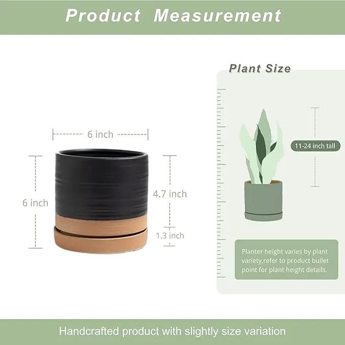 6 Inch Plant Pots, Ceramic Planter Pot with Drainage Hole & Saucer, Indoor/Outdoor Cylinder Round Planter Pot, Matte Black & Brown by GreenHaven Gardens