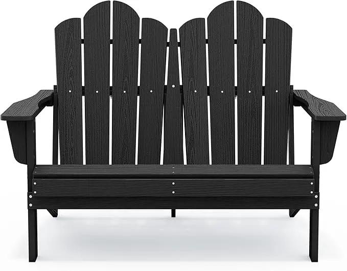 SERWALL 2 Person Adirondack Loveseat, HDPE All-Weather Folding Adirondack Bench Chair, Outdoor Adirondack Chair Set of 4, Black by GreenHaven Gardens