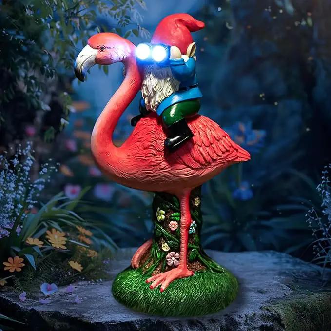 Solar Flamingo Gnome Garden Decor Statue, Outdoor Funny Solar Light Decoration for Yard, Patio, Lawn, Unique Housewarming, Birthday Gift for Women, Mom, Grandma by GreenHaven Gardens
