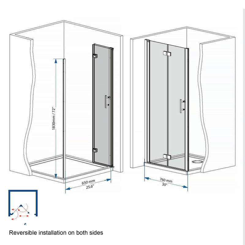 31-30"x 72" Bifold Shower Door, 1/4" (6mm) Tempered Glass by HouseOfZazla