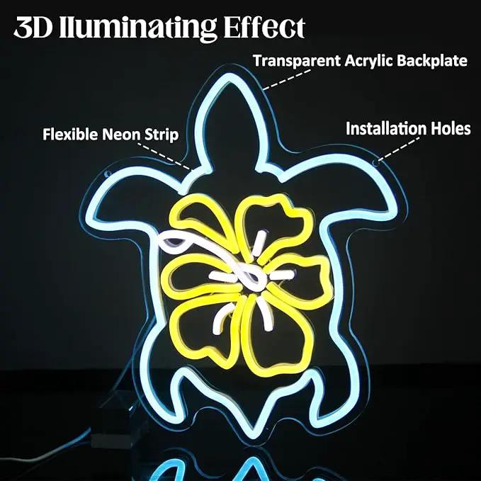 Sea Turtle Hibiscus Neon Signs for Wall Decor Blue Turtle Neon Light Yellow Flower LED Neon Wall Sign Ocean Neon Light Up Sign for Bedroom Living Room Office Decor Sea Turtle Gifts by GreenHaven Gardens