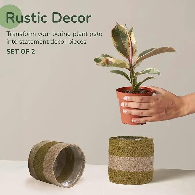 Jute Planter Basket-Woven Jute Rope Covers for Decorating Indoor/Outdoor Succulents, Small Plant Pots-Set of 2-Multi-Purpose Storage Bins 4.5 Inches - Modern Style Décor - Olive & Natural by GreenHaven Gardens
