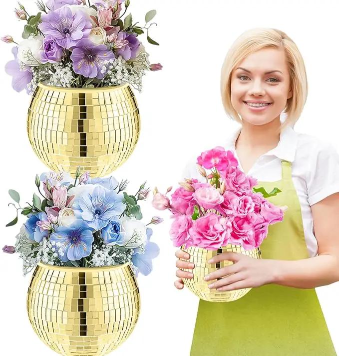 2 Pcs Disco Ball Vase,5 x 6 Inch Mirrored Disco Ball Planter,Disco Ball Candle Holders Perfect Disco Decorative Planters for Living Room Bedroom Table Wedding Party Birthday(Gold) by GreenHaven Gardens