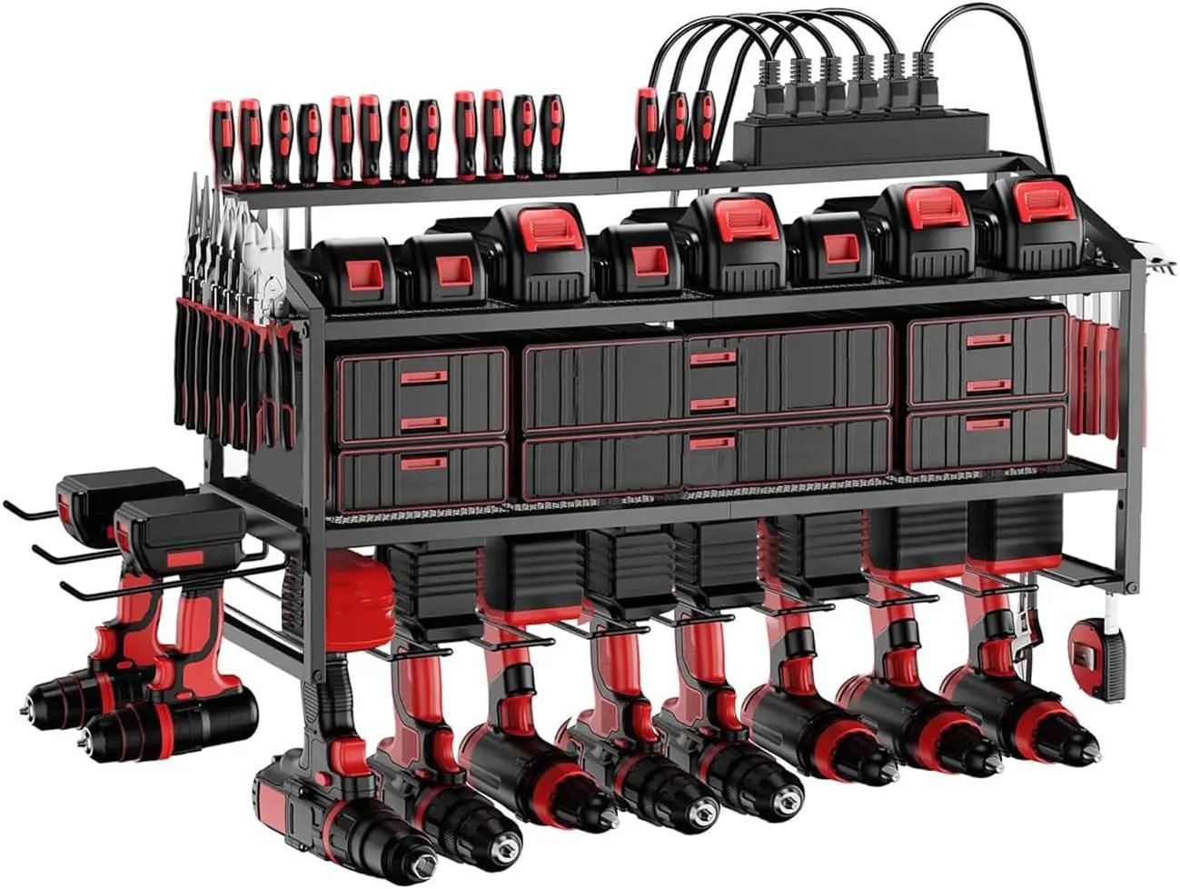Power Tool Organizer Wall Mount with Charging Station, 3 Layer Storage Rack and Tool Holder for Garage Organization, 8 Drill Holder Wall Mount and 6 Outlet Power Strip by GreenHaven Gardens