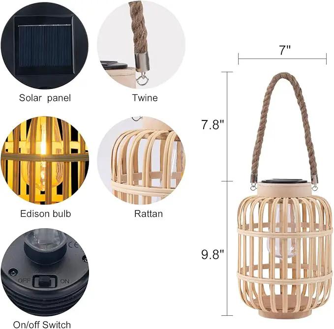 pearlstar Outdoor Solar Lanterns Light Rattan Natural Lantern with Handle for Hanging or Table Lamp for Patio Yard Garden Wedding Home Decoration, Edison Bulb, Auto on/Off (Style 4) by GreenHaven Gardens