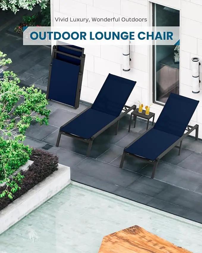 Chaise Lounge Outdoor, Foldable Aluminum Pool Lounge Chairs with 5 Positions Recliner - Free Assembly - Patio Chaise Lounge Chair for Poolside, Beach, Yard (NavyBlue) by GreenHaven Gardens