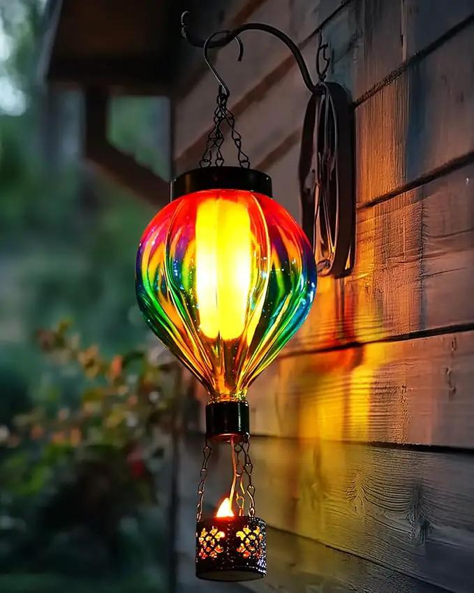 Hot Air Balloon Solar Lantern Outdoor Waterproof with Flickering Flame Gifts for Women Grandma Mom Glas Hanging Solar Lights Decorative for Outside Wall Front Porch Yard Garden Fence by GreenHaven Gardens