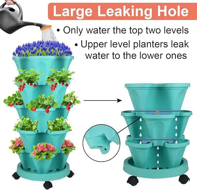 DUNCHATY Stackable Vertical Garden Planter with Wheels, 5 Tier Herb Planter Pots for Growing Vegetables and Succulents, Teal by GreenHaven Gardens