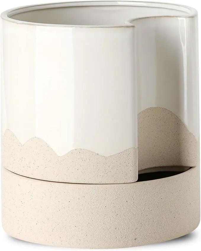 Nihow Self Watering Plant Pot: 8 Inch Ceramic Planter with Drainage Hole & Water Storage Plus for Indoor & Outdoor Plants - Cylinder Round Flower Pot for Succulent/Herbs/Violets - White & Wave Nature by GreenHaven Gardens