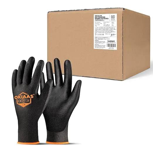 OKIAAS Work Gloves for Men，Ultra Thin and Lightweight Working Gloves with Grip, Bulk Case of 60 Pairs Construction Gloves with Polyurethane Coating, Safety Gloves for Light Duty Work (Black, Large) by GreenHaven Gardens