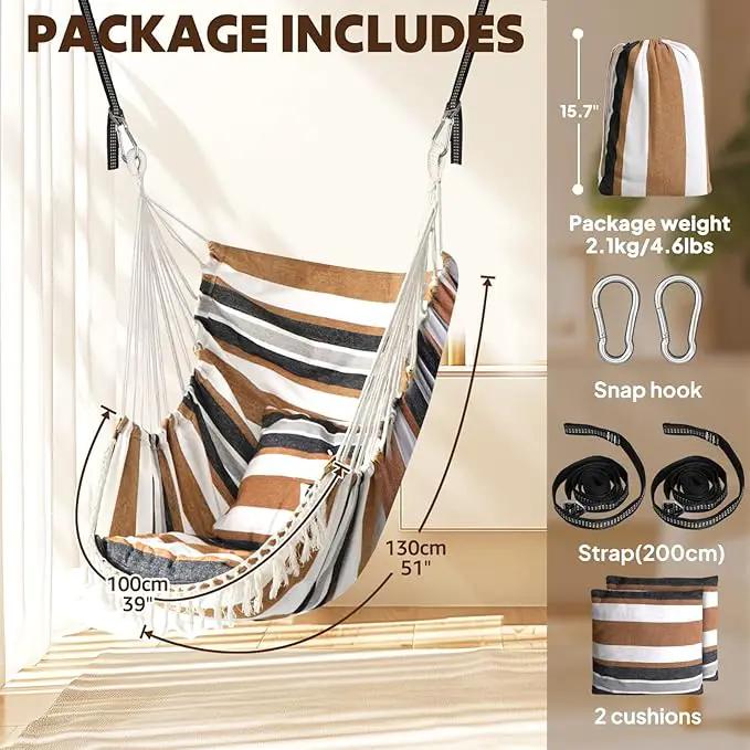 Chihee Hammock Chair Hanging Swing 2 Pillows Included,Strong Webbing Straps and Hooks for Easy Hanging Soft Cotton Hanging Chair Side Pocket Tassel Chair Comfort Indoor Outdoor Brown Stripes by GreenHaven Gardens
