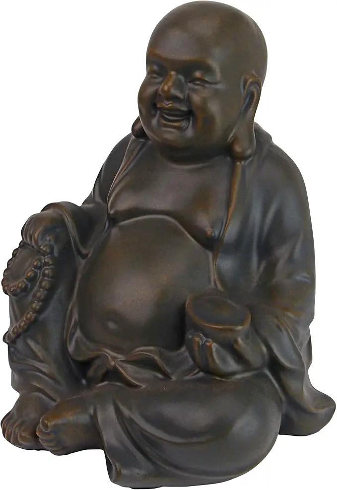 Design Toscano Laughing Asian Man Happy Hotei Garden Statue, Medium, 8 inches wide, 9 inches tall, Cast Stone Resin, Green Bronze Finish by GreenHaven Gardens