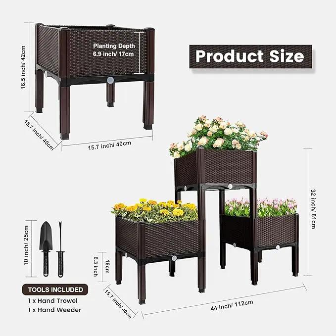 MAYOLIAH Raised Garden Bed with Drainage Elevated Planter Box Plastic Raised Beds for Gardening Vegetables Herb Flowers, Perfect for Indoor Outdoor Planting, 3 Boxes Brown by GreenHaven Gardens