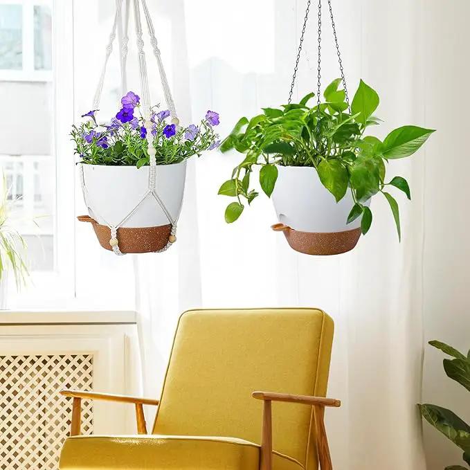 Self Watering Hanging Planters 10 inch, 2 Pack Hanging Baskets for Indoor Outdoor Plants, Hanging Flower Pots with Drainage Holes & 2 Kinds of Plant Hangers for Garden Home Décor, White Brown by GreenHaven Gardens