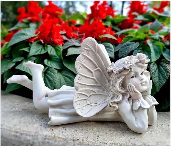 MeritMode Fairy Garden Figurines - Angel Statue with Butterfly and Holding Face, for Mom, Resin Outdoor Figurine for Patio & Yard, 10" Width by GreenHaven Gardens