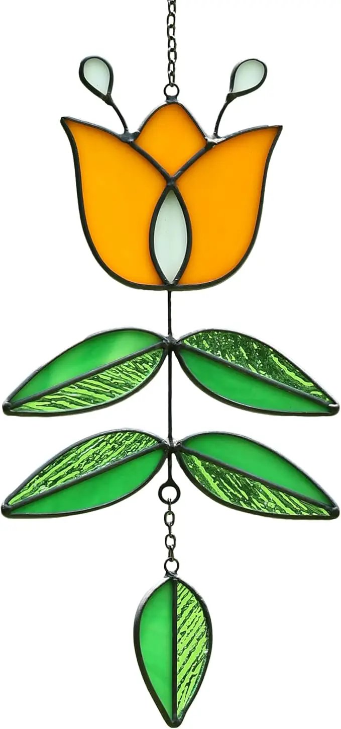 Tulip Stained Glass Suncatcher, Valentines Day Gifts, Folk Flower Stained Glass Window Hanging Sun Catcher, Retro Home Decor, Window Decorations for Plant Lovers, 9.4" x 4.7" by GreenHaven Gardens