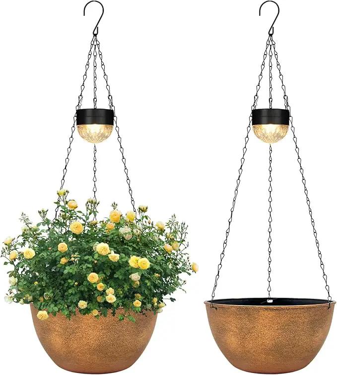 2 Packs Hanging Planters Basket for Outdoor Plants, Solar Powered Self Watering Bronze Round Plastic Flower Pots with Drainer for Balcony Patio Garden Outdoor Decoration by GreenHaven Gardens