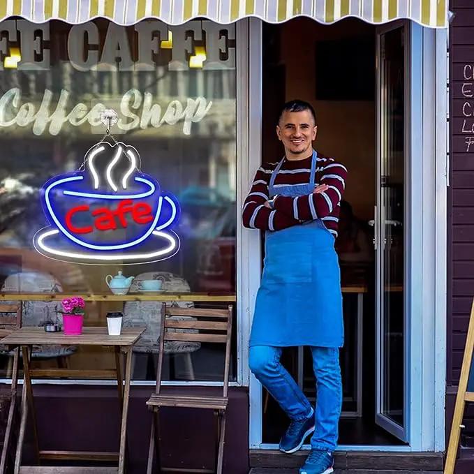 Cafe Neon Sign for Coffee Bar Pub Decor,Blue Wall Art Decoration For Restaurant Living room,Led Light of Cafe,USB Power Supply With Metal Chain. by GreenHaven Gardens